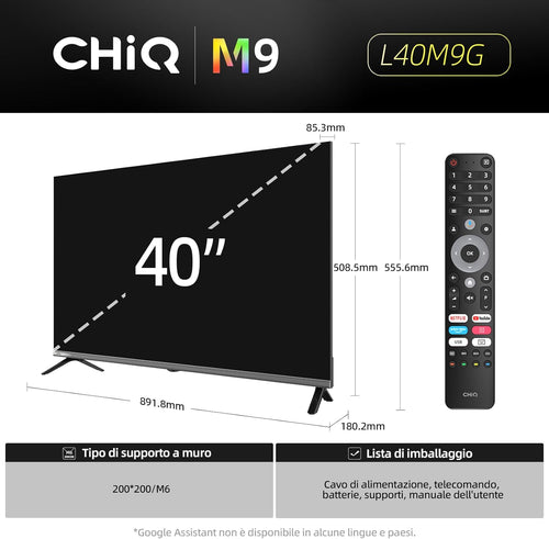 CHiQ TV 40 Inch (100cm) L40M9G, Smart TV, FHD, Google TV, HDR10, DVB-T2, Dolby Audio, Built-in Chromecast, HDMI*3, Frameless in Metal 2025